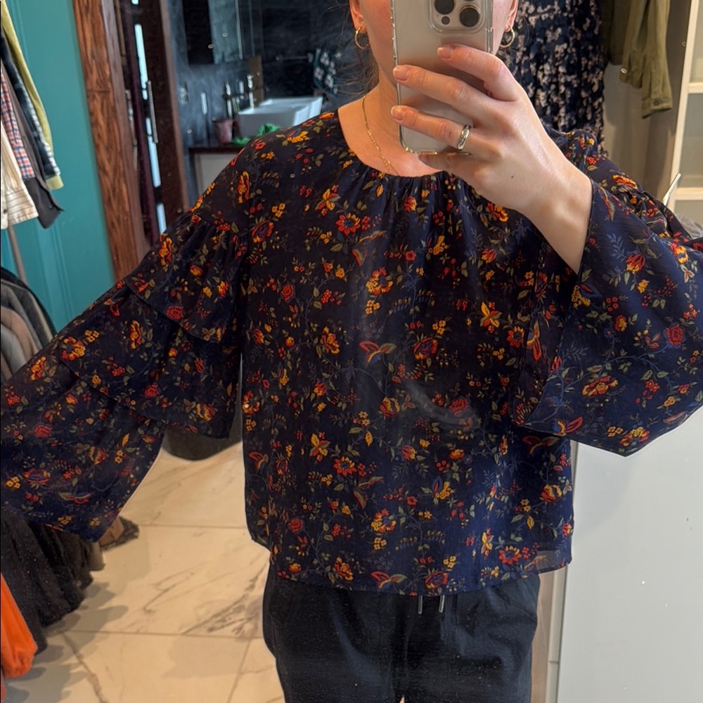 Madewell Blue and Orange Oversized Blouse with Bishop Sleeves